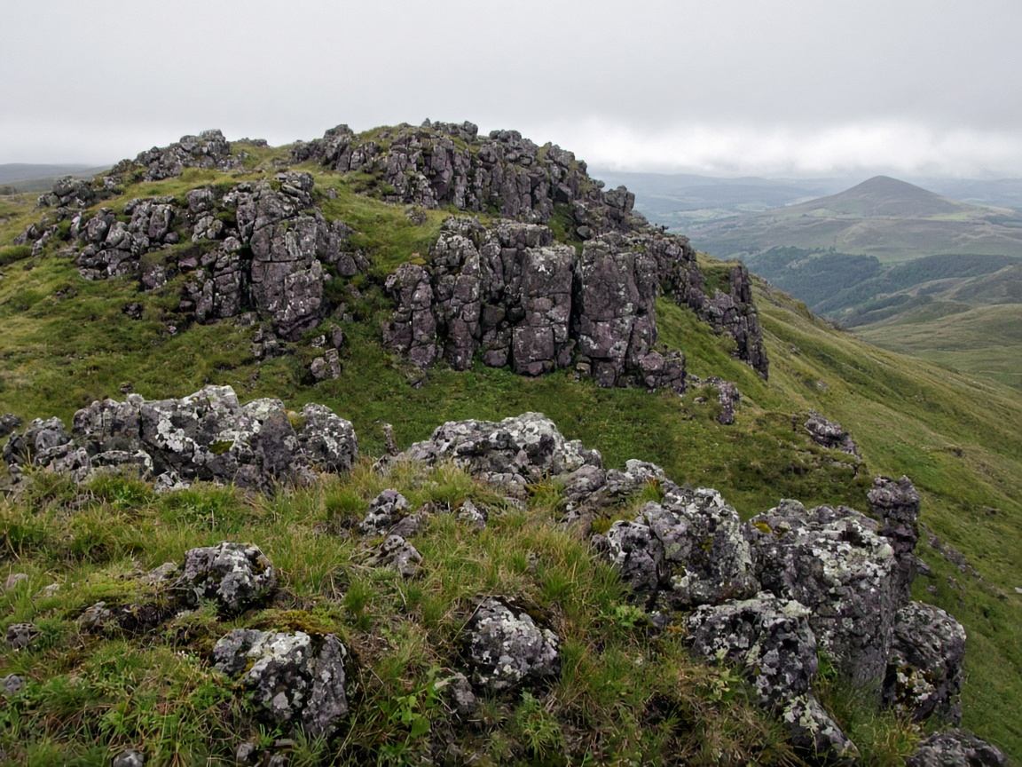 Basaltkuppe der Milseburg in der Rhön mit dunklem Gestein und Hangwald